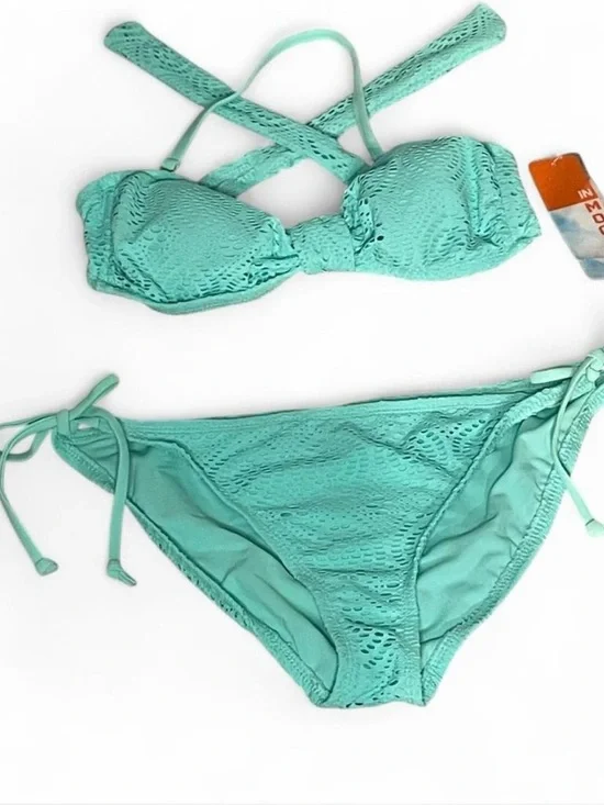 Textured Mint Bandeau Bikini Set with Removable Halter - Women Swim - Picture 4 of 6